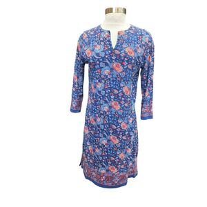 Coolibar Oceanside Tunic Dress Blue Floral UPF Beach Resort Coastal Comfort S